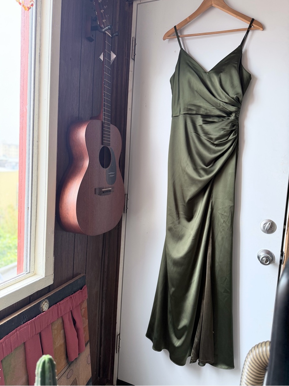 Revelry Olive Green Satin Wrap-Detail Spaghetti Strap Wedding Dress